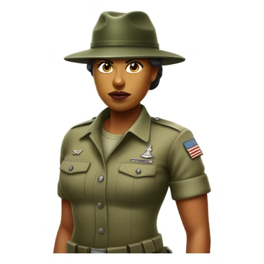 a female drill sergeant character wearing a classic sergeant hat and a camouflage army shirt. The character should have an angry intense expression. full torso sticker