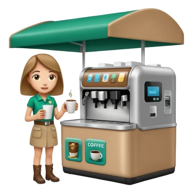Very busy Girl Scouts selling coffee at her roped-off and covered booth stand by the side of the road with their own robotic looking coffee machine accepting all forms of payment  sticker