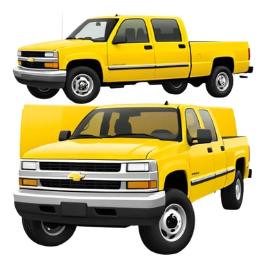 Minimalist bright yellow 1997 Chevrolet C-2500 Crew Cab Silverado truck, three-quarter view at 30 degrees, simplified design, same yellow color as in Kill Bill movie, iOS emoji style sticker