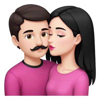 Brunette boy with short hair and black mustache wearing black clothes, kissing white girl with long black hair wearing pink clothes sticker