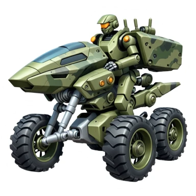 a 4-wheel camouflage army massive mech motorcycle shooting forward enemy mech off-road racing motorcycle  sticker