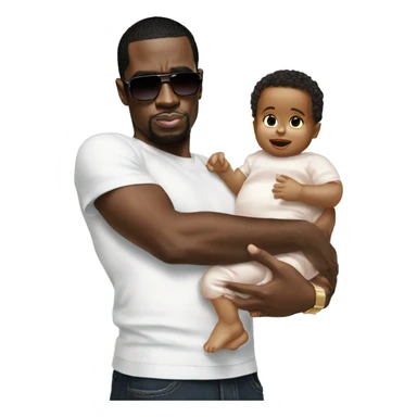 P. Diddy holding baby oil and a baby sticker