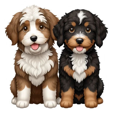 2 dogs: one light brown Aussiedoodle, one all-black Bernedoodle with white eyebrows some white markings, no brown coloring. Both same size. sticker