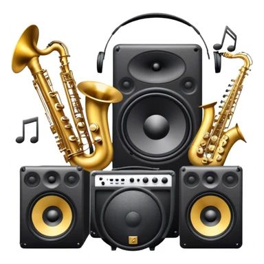Icon for R&B Music Listening: large concert speakers and headphones with waves of musical notes coming out, along with drums, bass guitar and saxophone. The icon should convey the energetic and rhythmic vibe of R&B music. Transparent background sticker