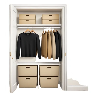 Cute closet with door ajar revealing black long sleeve shirts, sweaters, and khaki work pants hanging organized sticker