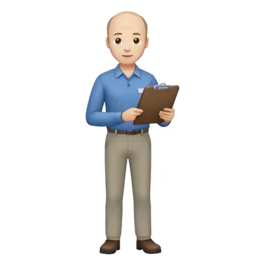 man, mid 40's shirt and trousers balding hairline, full body, standing, holding a clipboard sticker