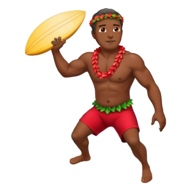 Dark Muscular 50 year old Hawaiian man with red shorts and a shell lei surfing a big wave sticker