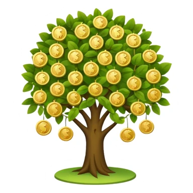Apple-style money tree (not so mush coins), round soft green canopy.
No pot, no ground — only the tree.
Small gold coins as fruits inside the leaves (not below).
Flat 2D vector, clean shapes, no gradients.
Dark near-black background, premium fintech icon. sticker