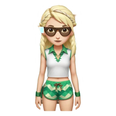 elf female legolas portrait, patterned board shorts (geometric/abstract), unique wooden-framed sunglasses, undercut hairstyle, slight smirk, visible pointy ears, no background, centered emoji, hipster summer vibe coctails  sticker