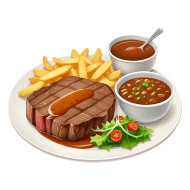big juicy australian steak meal featuring chips, small salad in a ramikan and gravy in a small bowl on the plate sticker