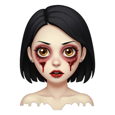 Make an emoji of a zombie woman with black hair, almond-shaped brown eyes and a labret piercing on her left lip. sticker