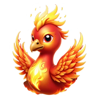Cinematic Cute Mystical Fire Phoenix Portrait Emoji, Head tilted playfully and inquisitively, showcasing a vibrant, flame-kissed form with intricately detailed feathers in warm shades of red, orange, and shimmering gold, accented by delicate sparks and a gentle, inviting glow; rendered with lifelike detail and soft, radiant light, high shine, enchanting and spirited, styled with a touch of mythic whimsy, soft glowing outline, capturing the essence of a mischievous yet endearing phoenix poised to flutter playfully into your heart! sticker