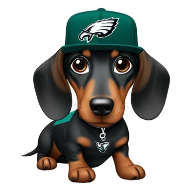Miniature Dapple Dachshund wearing Philadelphia Eagles Hat with C on Jersey sticker