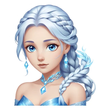 Cinematic Stunning Elsa Portrait Emoji, Ice-blue gown shimmering, platinum hair flowing in a graceful braid, piercing blue eyes glowing with icy magic, an aura of regal power and breathtaking beauty, frozen elegance at its finest! sticker