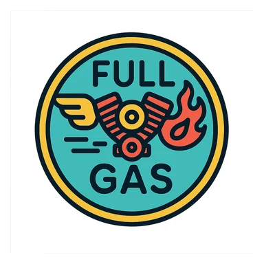 circular motorcycle cap design with the English phrase 'Full Gas', featuring motorcycle motifs like motor, flame, wing, energetic style sticker