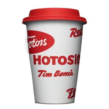 “Red Tim Hortons coffee cup with large white ‘Tim Hortons’ logo in script, black plastic lid, and a simple, clean design.” sticker