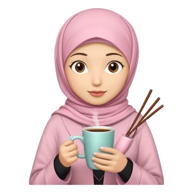 A hijabi girl with light pink hijab and tanned skin holding coffee in one hand and chopsticks in other. Only upper portion of the body shown in IOS format sticker