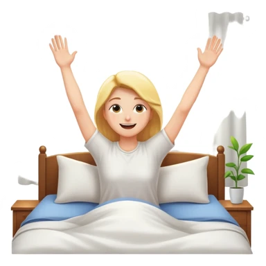 person waking up in bed, stretching with sunlight coming through the window, cheerful and fresh sticker