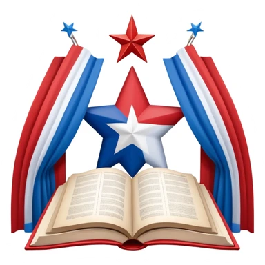 Open book about theatrical scenography with the Puerto Rican flag integrated into its pages, showing theater stage designs in red and blue colors with a white star sticker