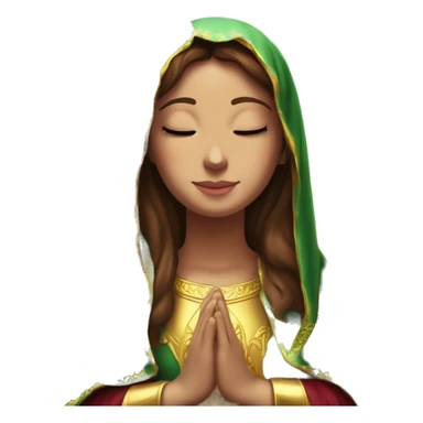Virgin Mary: kind face looking down at the left, long brown hair, Wearing an emerald green  robe with gold stars and a burgundy red dress,  Hands in prayer or blessing. Halo around her head. standing in front of a big sun. colorful roses on the sides  sticker