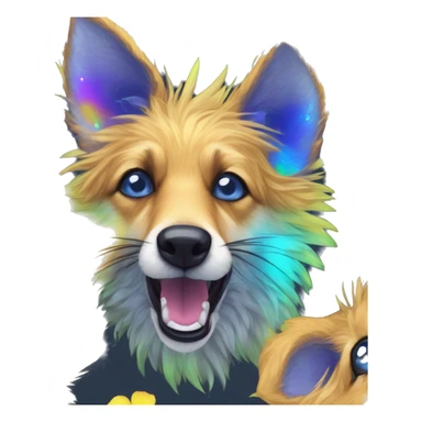  brindle fluffy lurcher Alsatian fox running blue eyes fluffy ears and iridescent holographic oilslick harness wearing paper iridescent tropical flower crown yellow caution tape neon sign sticker