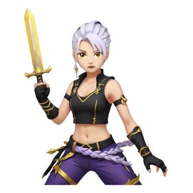 A sword maiden, mohawk, long braid white hair with lavender and tips long messy bangs one side, gold yellow eyes, black crop top, with both fighting gloves up in defensive ready pose, delivering a lightning quick vertical upwards front kick with volcanic force sticker