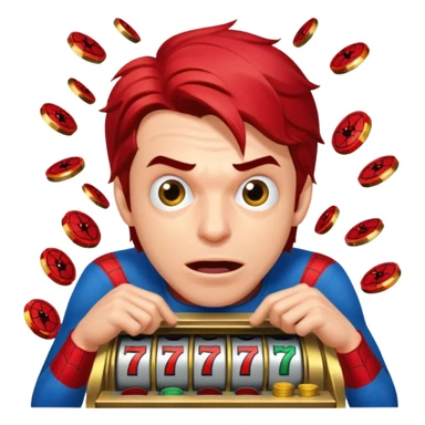disheveled spiderman losing money at a slot machine, panicked face, coins flying sticker
