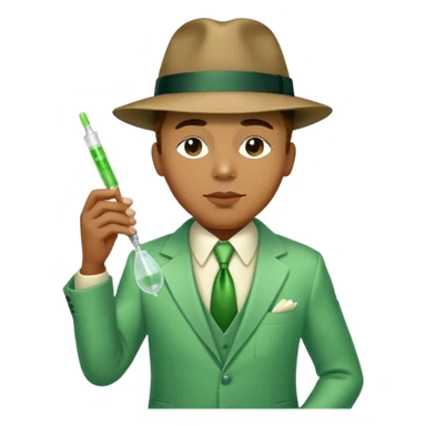 Charlie Parker (jazz saxophonist) in jazz suit and hat with syringe and spoon with light green liquid sticker