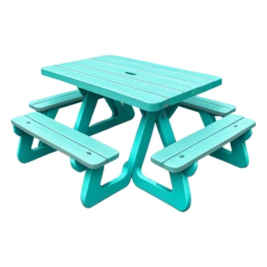 functional scenic prop picnic table with benches, soft teal, straight vertical legs, wheels, flat wood-style silhouette, clean geometry, minimal shading sticker