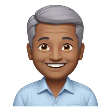 50 yr old indian man, dark skin, grey hair, big smile, white teeth, chubby, no moustache, clean shaven, young style hair, hair brushed back, 5 oclock shadow, bindy, dress shirt, forehead dot, chubby sticker
