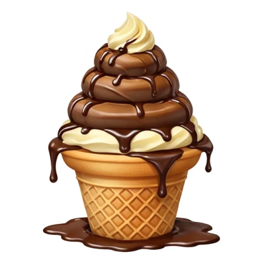 lava ice cream emoji, waffle cone with a scoop of vanilla ice cream, molten chocolate lava oozing from the center, vivid textures, bright lighting, apple emoji style sticker