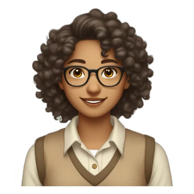 smiling indian teenage girl with curly hair and glasses wearing a collared long sleeve white shirt under a beige v shaped collar sweatervest sticker