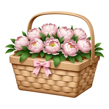 White Picnic basket with light pink bow and white peonies inside sticker