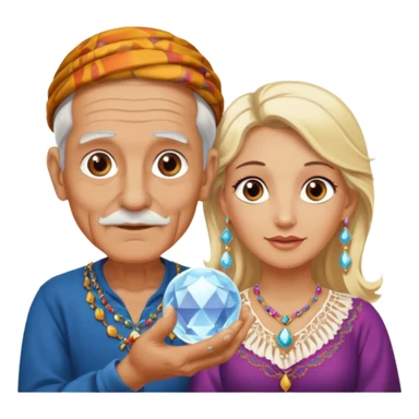 Elderly male cleanshaven gypsy with earrings and blonde female gypsy holding a crystal ball sticker
