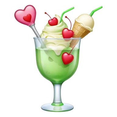 Create an emoji with a clear rounded glass, bright transparent green soda, vanilla ice cream scoop, two red cherries, pink heart-shaped straw, simple shapes, bright colors.
 sticker