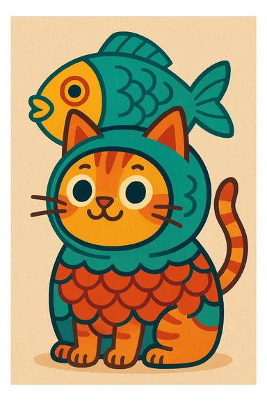 a cat wearing a fish costume, whimsical and colorful sticker