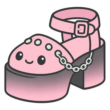 Add a gradient effect from black to pastel pink on the platform sandals with silver studs and chains, kawaii style, no socks, no hearts, transparent background sticker