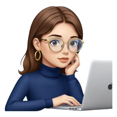 Girl with brown hair, navy blue turtleneck, gold hoop earrings, blue light glasses, working on laptop sticker