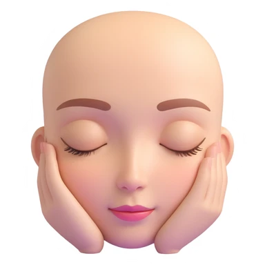 3D emoji-style portrait of a human face, calm and relaxed, smooth rounded features, large slightly closed eyes, soft smile, neutral brow, glossy surface, pastel skin, soft lighting, peaceful and friendly, ultra-realistic 3D, blurred neutral background sticker