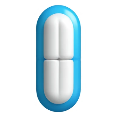 A one capsule-shaped pill, positioned at an angle.: one half is blue, and the other half is white. sticker