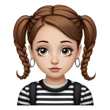 a white girl with brown hair in very low pigtails black eyeliner big false eyelashes with a septum piercing nose piercing big hoop earings dermals close to the eyes one on each side wearing a black and white striped long sleeve shirt sticker