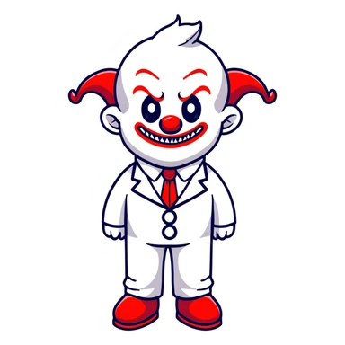 full-body demonic clown in a white leisure suit with bellbottom pants, bald, with black ram horns, wearing elevator shoes, cartoon sticker style sticker