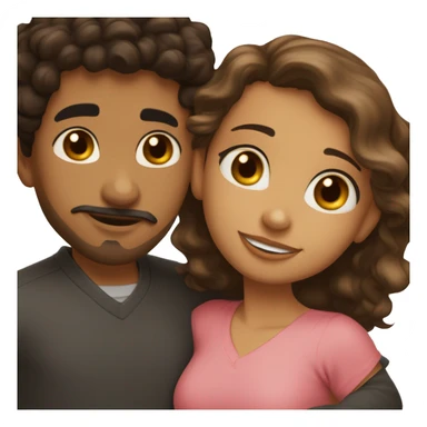 Hispanic girl with light skin, hazel eyes and black wavy hair hugging Arab boy with medium curly hair that is light brown and a tiny mustache and goatee sticker
