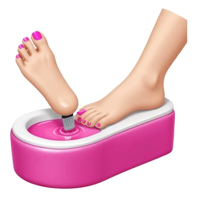 3D isometric emoji of a foot getting a pedicure, hand holding a nail polish brush, soft glossy texture sticker