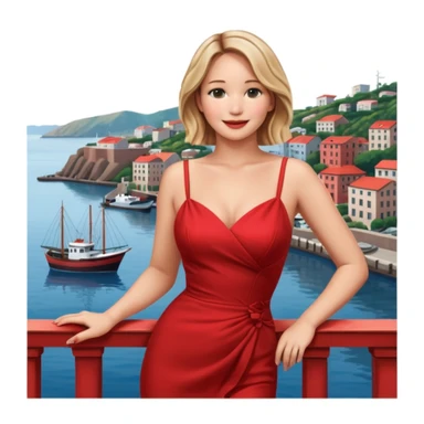 jennifer lawrence, red dress leaning on a balcony with a harbor and cityscape in the background, smiling sticker