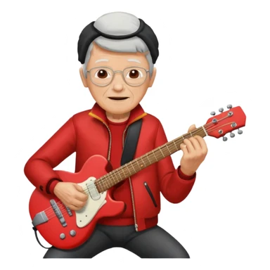 guitar rock player, elderly head, red jacket sticker