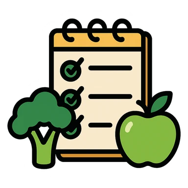 Vector-style illustration of a healthy diet checklist: an open notepad with checkmarks, placed beside fresh broccoli and a green apple. Clean, crisp lines, modern flat design with realistic soft shadows and highlights. High contrast, vibrant colors, minimalistic background. Professional, polished style, ideal for health or nutrition app or article illustration. sticker