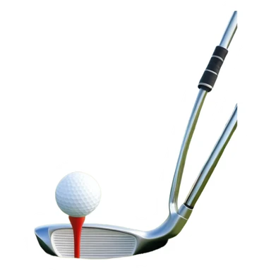 A close-up golf ball on a tee, with a golf club placed beside it, set on a well-manicured green. The background is a peaceful golf course with a clear blue sky, emphasizing the tranquility and skill required for the sport. sticker