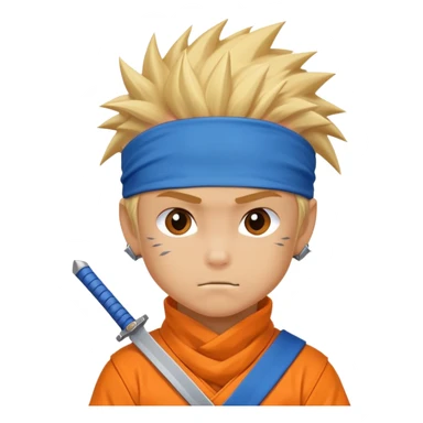 A blonde ninja boy with spiky hair, whisker marks on cheeks, orange outfit, and blue headband with metal plate sticker