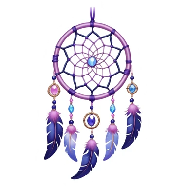 Iridescent shiny transparent pastel purple-pink-indigo-violet crescent-moon-Dreamcatcher hanging from a thread, with gemstones, and beads sticker